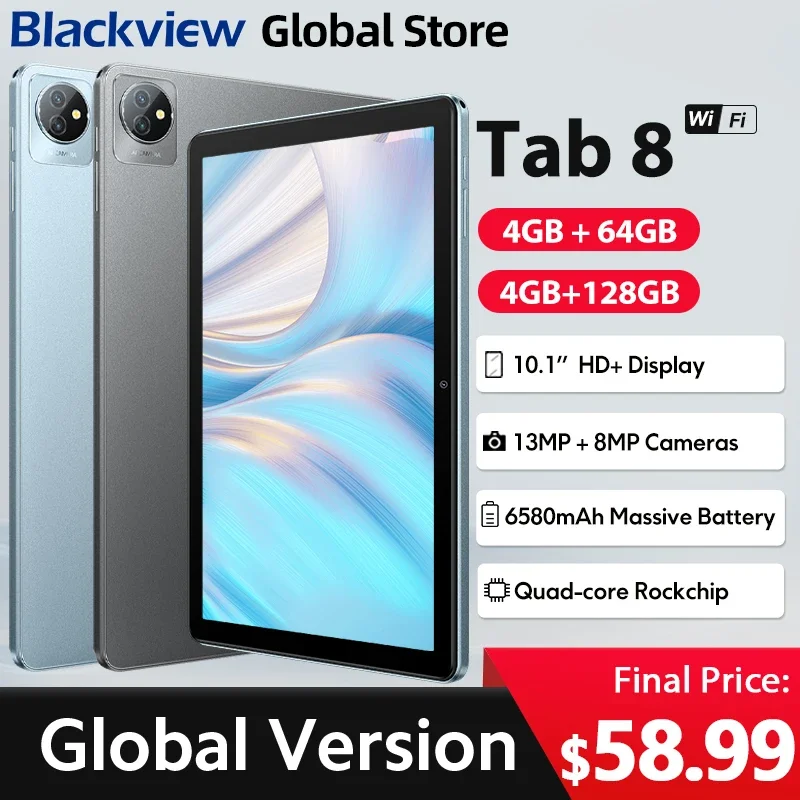 

Blackview Tab 8 WiFi Tablet 10.1'' HD+ Display 4GB 128GB Quad Core 6580mAh 2.4G/5G WiFi6 Android 12 Pad 13MP Rear Camera PC