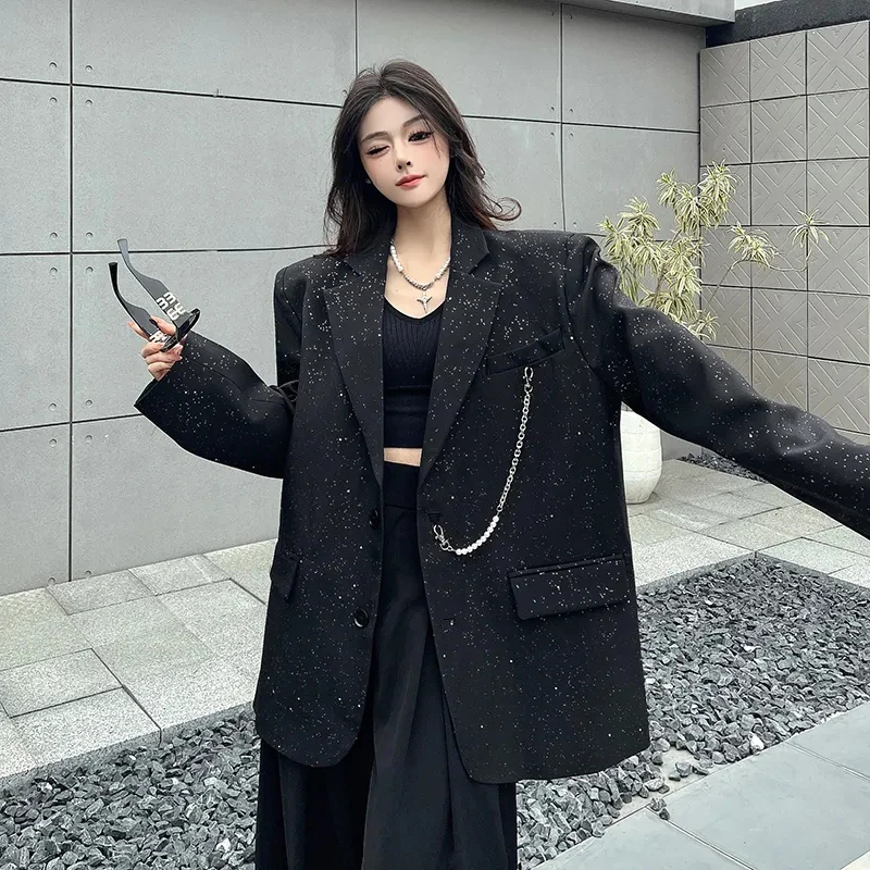 블랙 스팽글 패션 블레이저 여성 우아한 느슨한 체인 패치 워크 세련된 정장 재킷 간단한 Office 레이디 특대 어깨 패드 코트