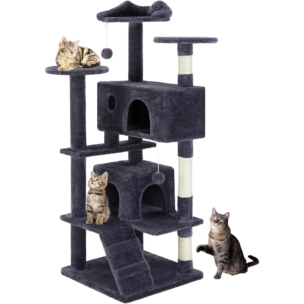 

DUMOS 54-inch Indoor Cat Tree Tower –Multi-Level Pet House for Large Cats with 2 Condos, Scratching Posts, Round Platform, Small