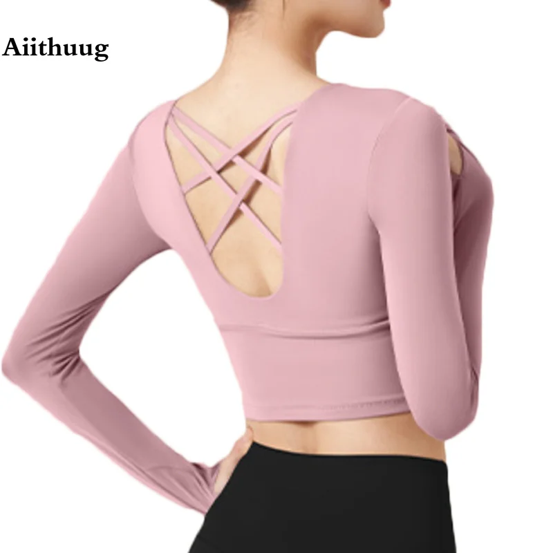 

Aiithuug Crisscross Back Build-in Cup Long Sleeve Yoga Shirts Thumb Hole Gym Tops Workout Crop Top Quick Dry Yoga Clothes 5013