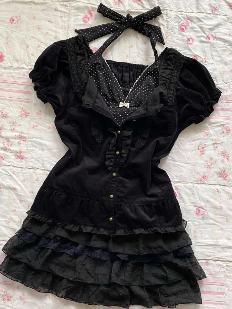 

PaoYao Girl Original Black Short Sleeve Shirt Women's Summer Cute Unique Beautiful Cotton Blend Wear Resistant Square Collar ...