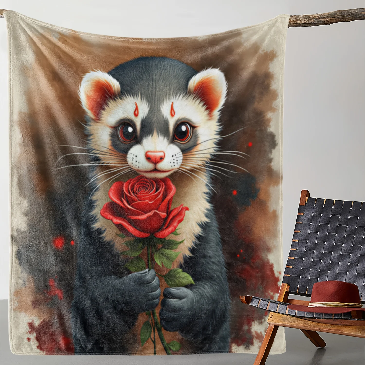 1pc Flannel Blanket with Cute Ferret Holding Rose Print, Warm and Soft Polyester Fabric, Suitable for Sofa, Bed, Car, Offic