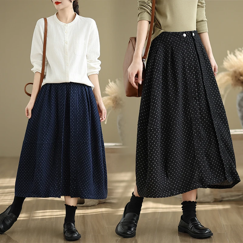 

Джинсовая плиссированная юбка-миди в горошек в стиле ретро, женская весенне-осенняя утягивающая юбка трапециевидной формы больших размеров с высокой талией, смесь хлопка