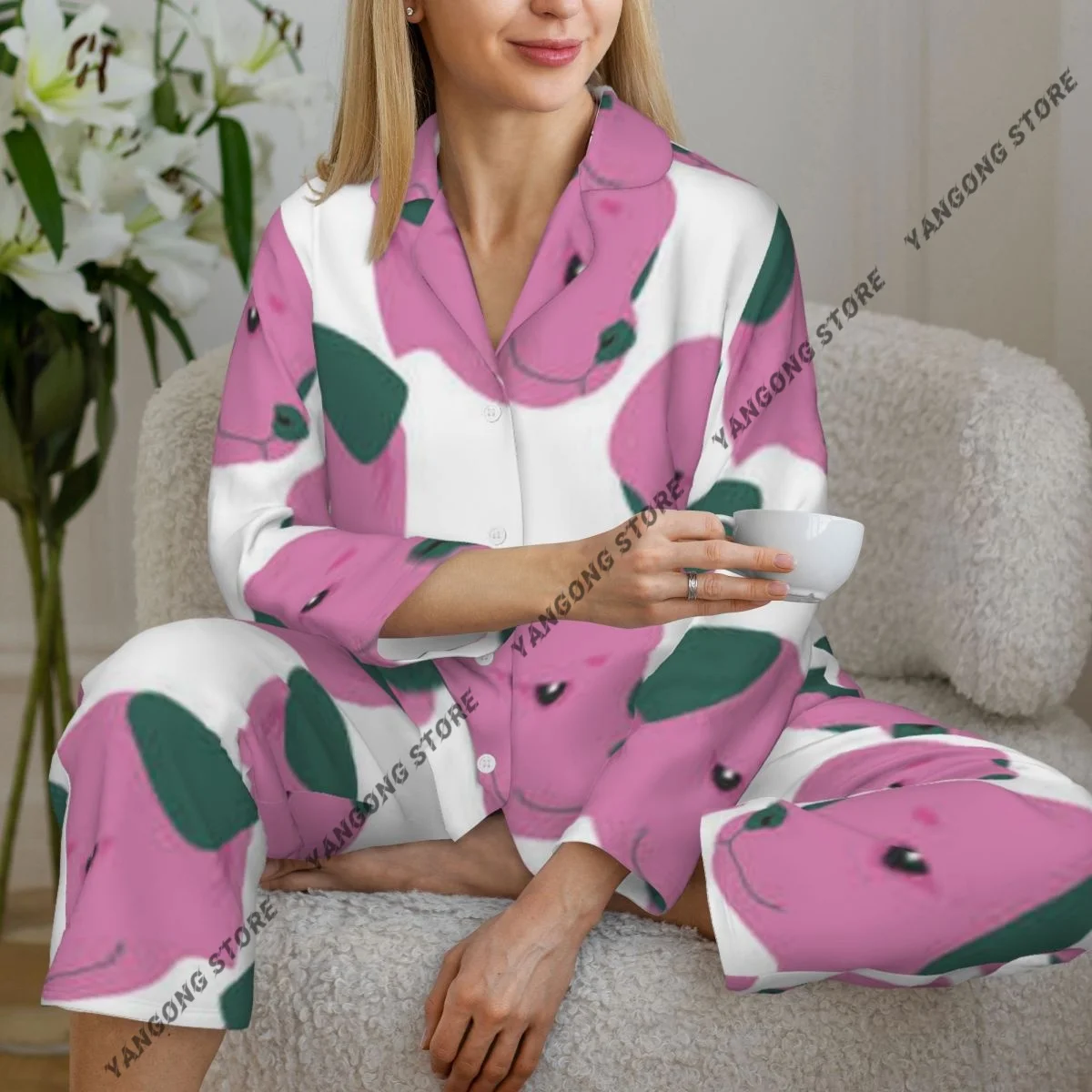 

Dog Head Womens Pajamas Loungewear Two-piece Sleepwear Button-Down Full Sleeve Long Pajamas Set