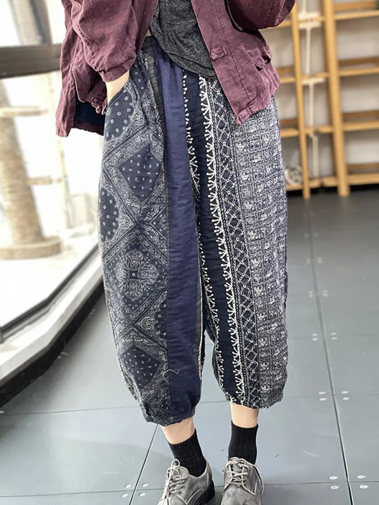 

Повседневные хлопковые льняные брюки с принтом в стиле ретро, свободные и универсальные укороченные брюки-шаровары с эластичным поясом для похудения