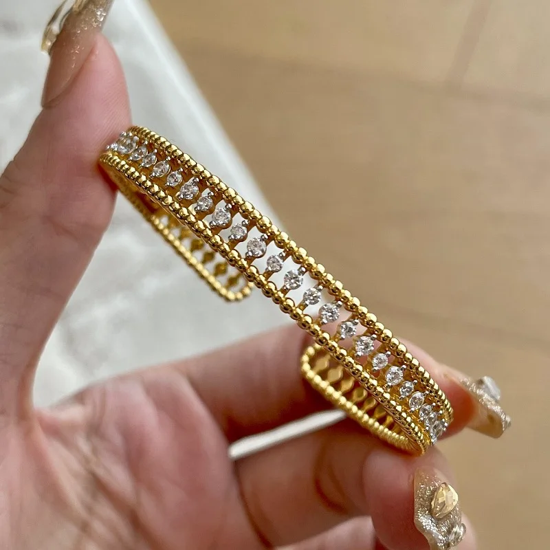 925 Silver Plated With 18k Gold Open Cuff Bangle Bracelet Cubic Zirconia Luxury Minimalist Jewelry Gift For Women