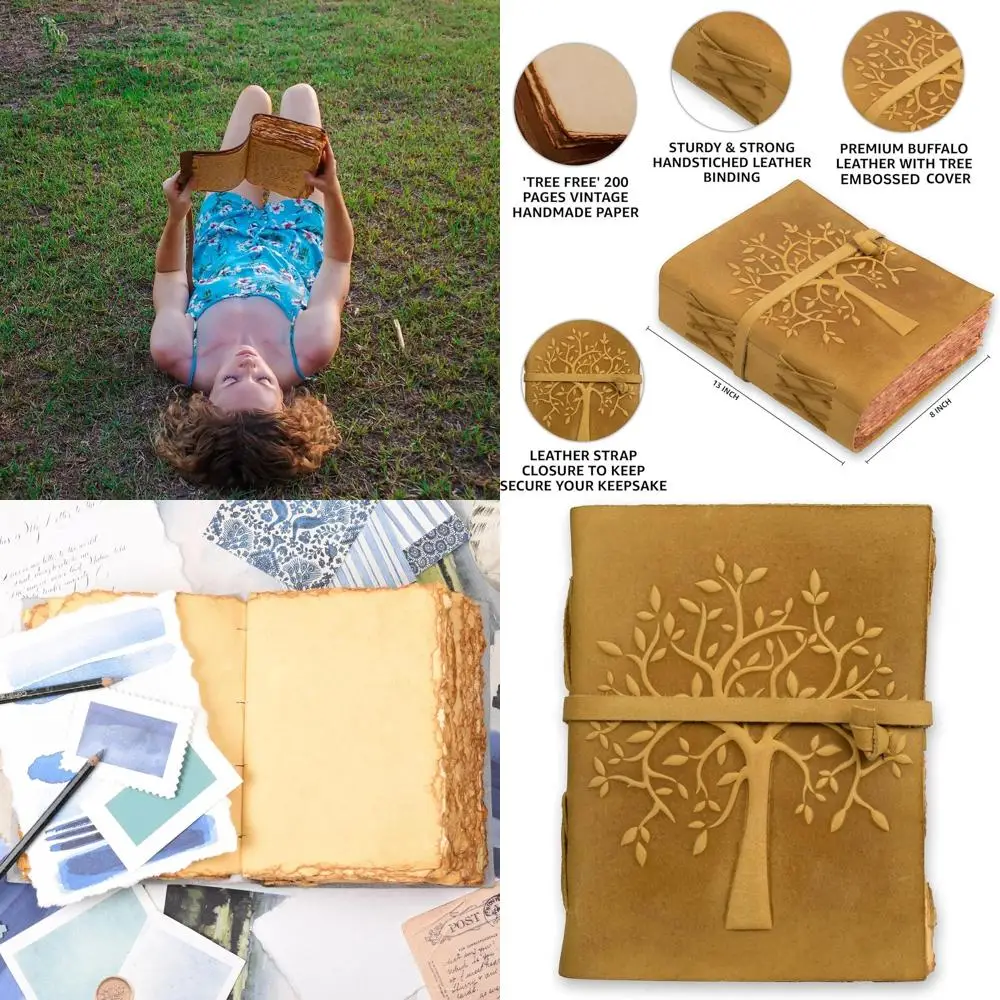 Antique Deckle-Edged Handmade Paper Journal, 13x8 inches, Sun Tan Leather Bound, for Shadow Books