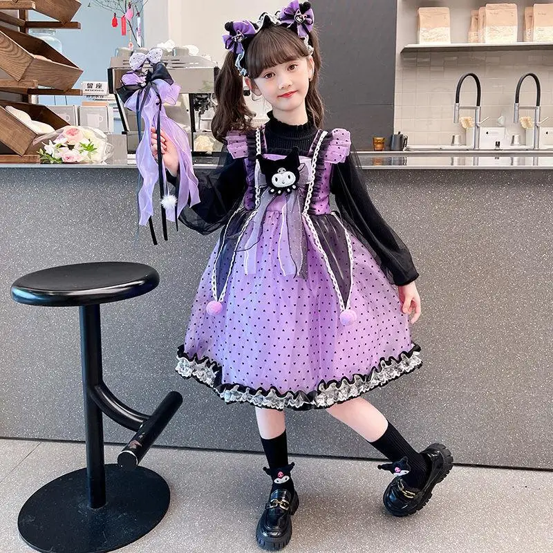 

Платье принцессы Sanrio Kuromi, вязаное новое стильное платье-свитер Kawaii для девочек, весенне-осеннее пышное платье для маленьких девочек, модное детское платье
