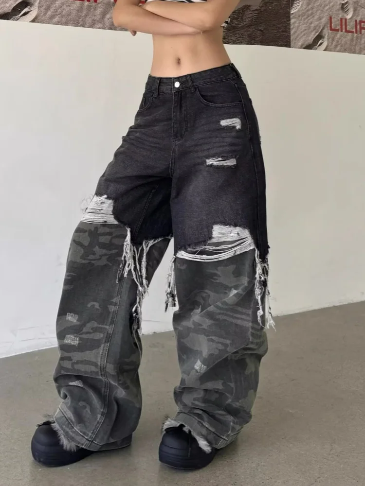 2026 Trashy Y2K Streetwear Baggy Stacked Ripped Jeans Pants For Women Clothing Retro Camouflage Patchwork Wide Leg Lady Trousers