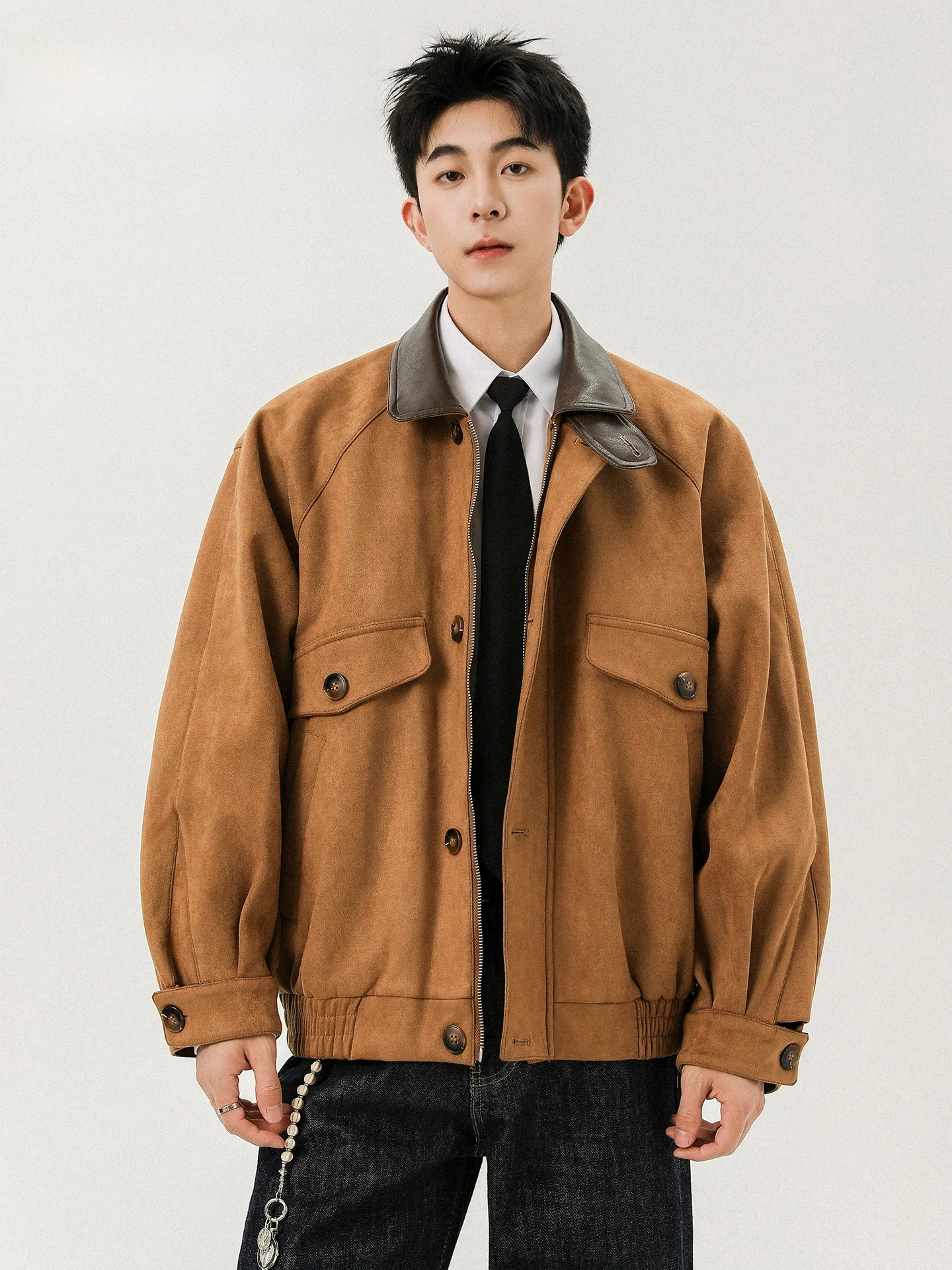 

JOKARJONNY American Retro Suede Patchwork Workwear Collar Jaet Men's Loose Outerwear Autumn Trendy Brand Long Sve Zipper