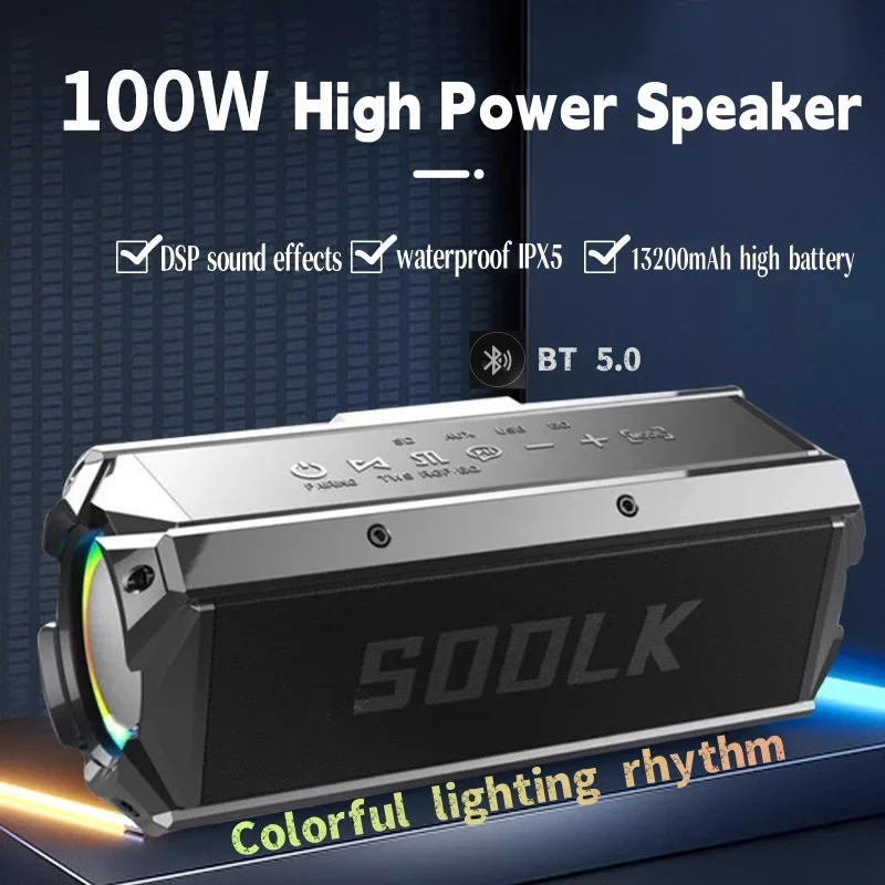 Original SODLK 100W High Power Portable Subwoofer 3D Stereo Bluetooth Speaker Outdoor Wireless Sound Box with USB/TF/TWS Boombox