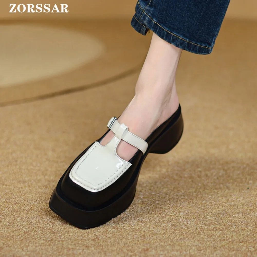 Flat Platform Shoes Women Summer Slippers Women\'s Flats Genuine Leather Slingbacks Ladies Casual Lazy Ladies Mules Footwear