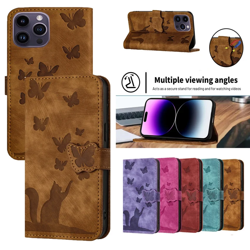 Skórzany portfel z klapką etui na Redmi Note 9 9A 9S 10 10S 12 13C 11 11S 12 13 4G 5G Pro 12S moda kot motyl okładka książki