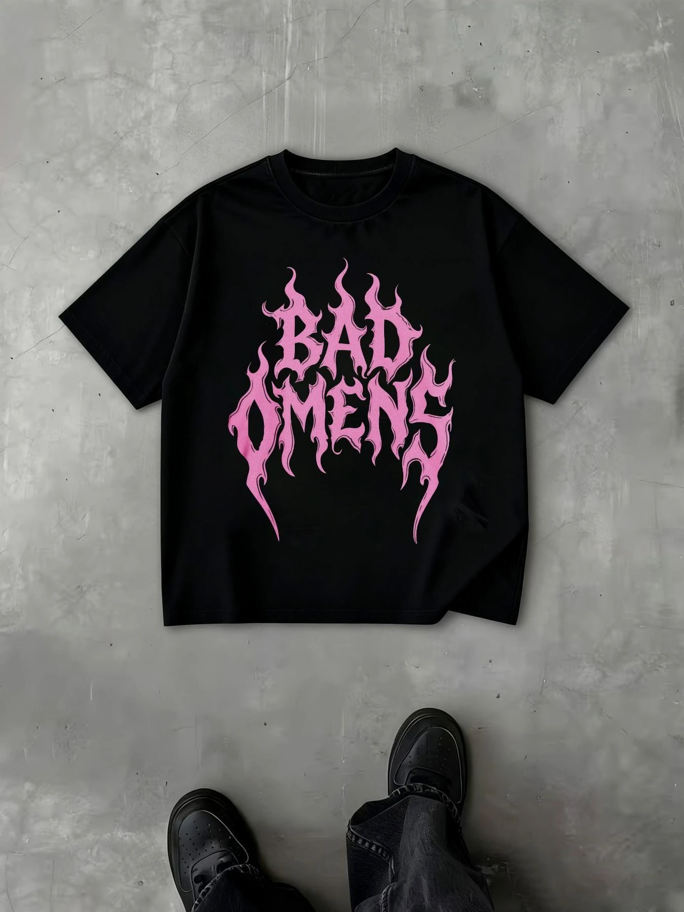 Black Short-Sleeved T-Shirt with a Striking Pink Flame 