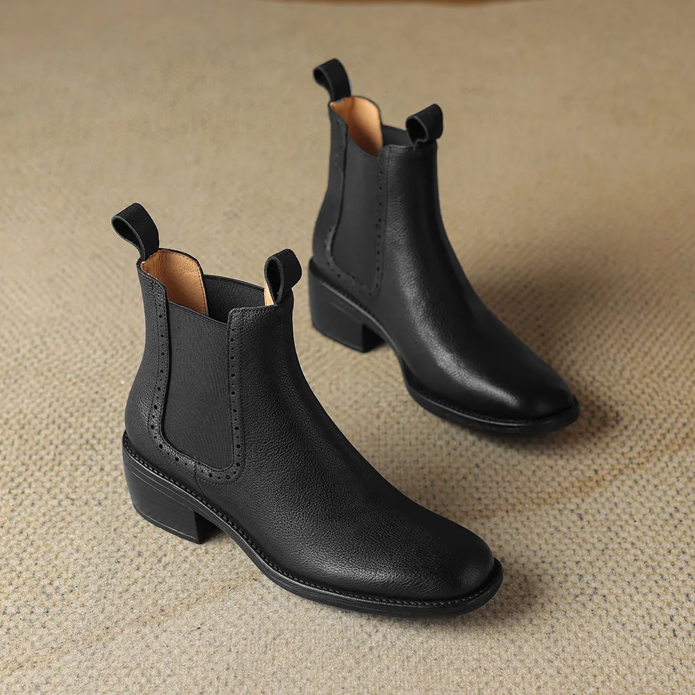 Aucegi شعبية النساء جلد طبيعي تشيلسي حذاء من الجلد جولة تو الانزلاق على شريط مرن حذاء بكعب سميك الحياة اليومية الأحذية المصنوعة يدويا #4