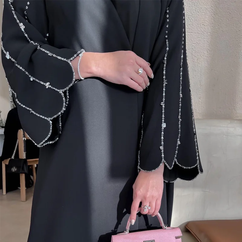

2025 EID Abaya Wear High Quality Bead Modest Dress Black Long Satin Modest Set Open Abaya Islamic Clothing Crew Neck with Belt