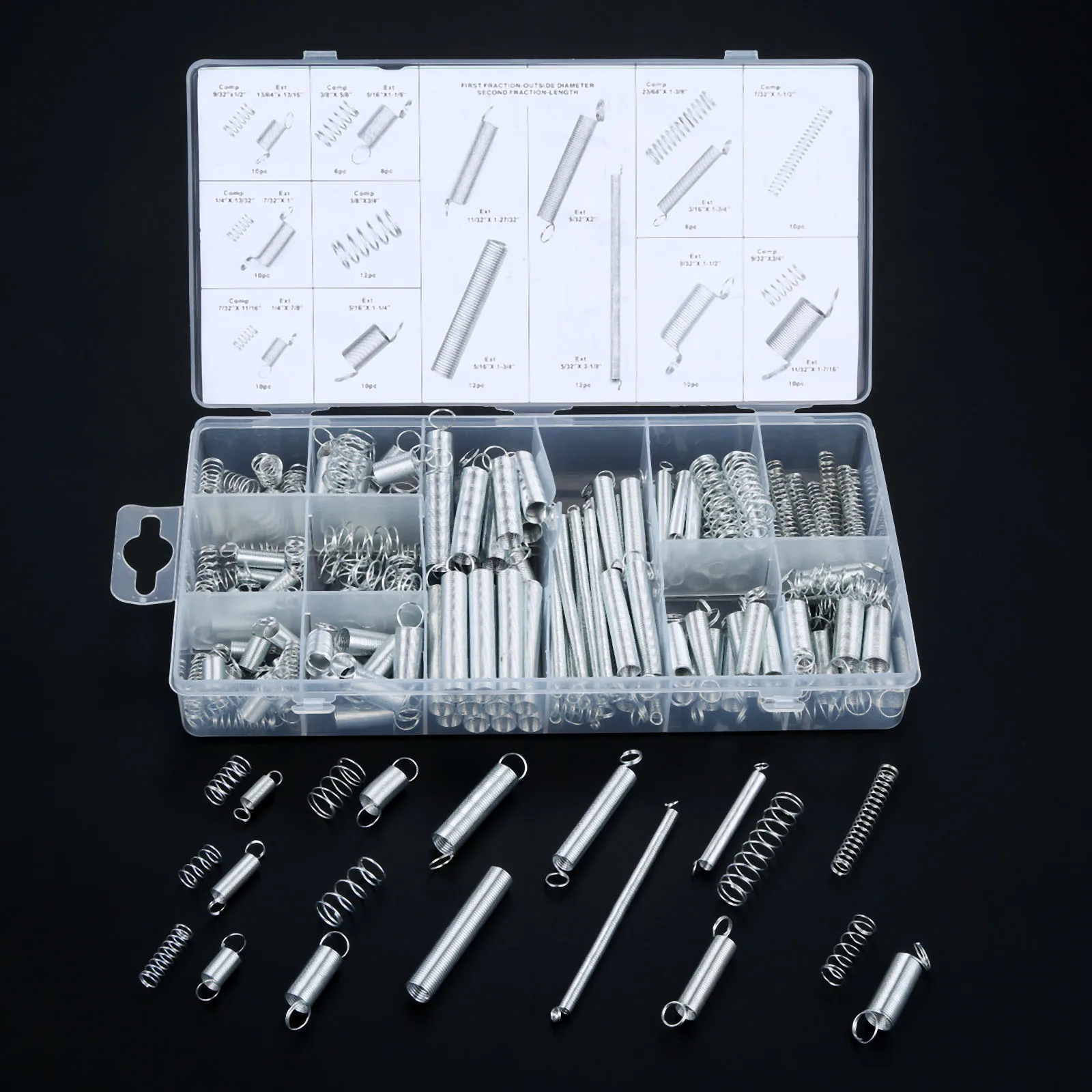 200pcs Extension Spring Tension Pressure Compression Springs Assortment Set Spring Steel Hardware with Plastic Storage Box