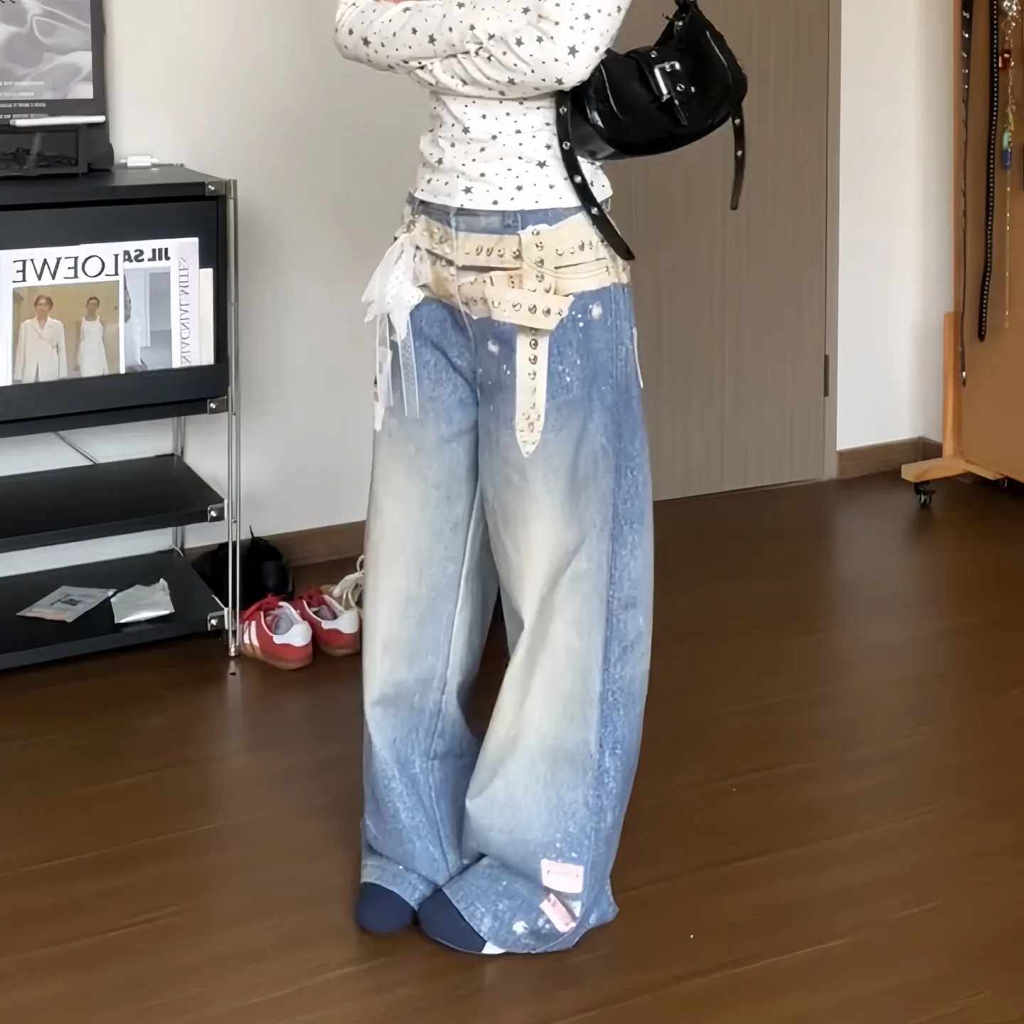 Jean à ceinture imprimé 3D Vintage en détresse pour femmes, pantalon en Denim à jambes larges imprimé tridimensionnel de Style de rue d'automne 2025
