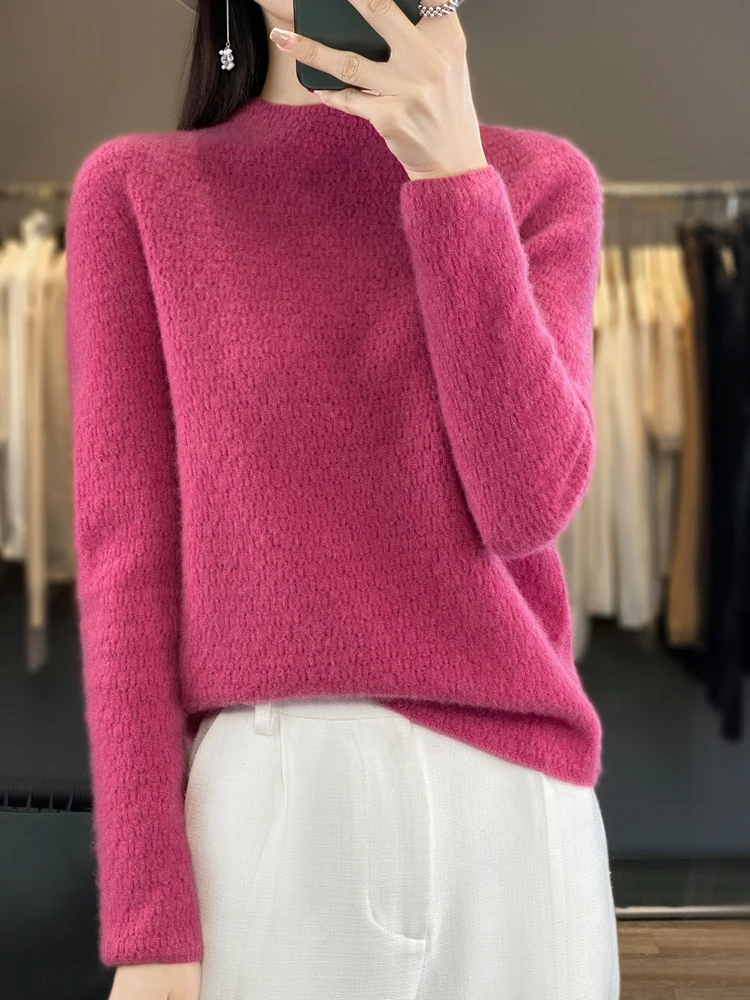 Women\'s Hollow Pullover Sweater 100% Merino Wool Soft Warm Basic Mock Neck Jumper Autumn Winter Female Cashmere Knitwear Fashion