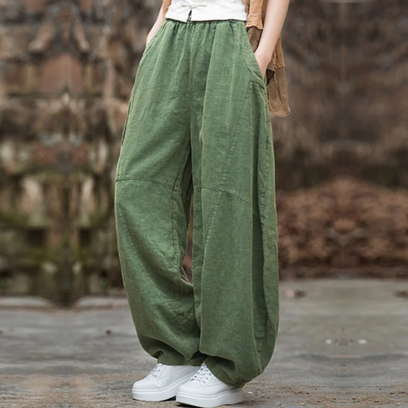 Vintage Elastic Waist Yoga Trousers Loose Casual Long Wide Leg Oversize Clothes Elegant Women's Cotton Linen Baggy Cargo Pants