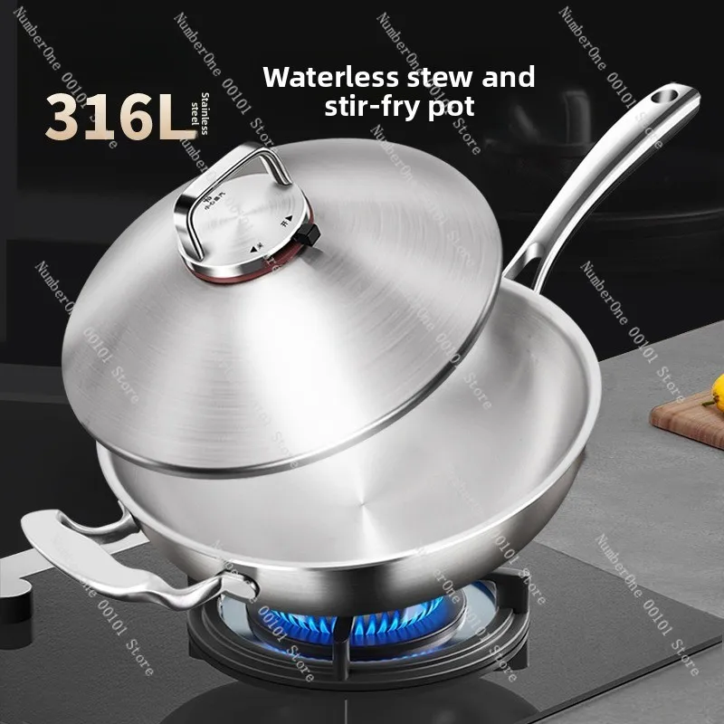 Extra Thick 316 Stainless Steel Wok Uncoated Non Stick, Healthy Induction Cooktop Gas Electric Stove Household Frying Pan