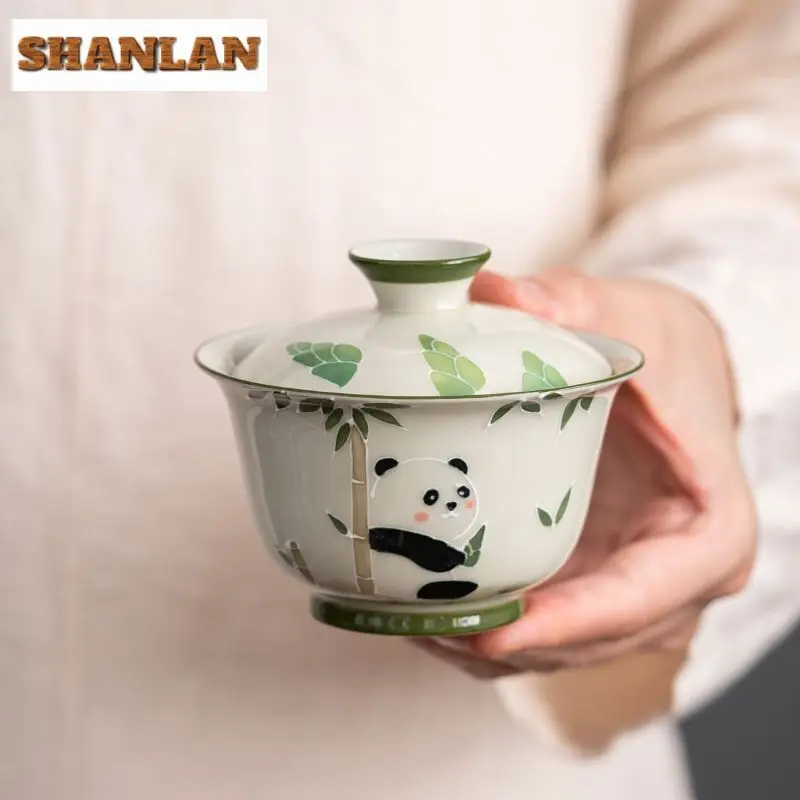 

136ml Plant Ash Cover Bowl Hand-painted Relief Cute Panda Tea Tureen Ancient Gaiwan Tea Maker Cafes Gift Teaware Collection