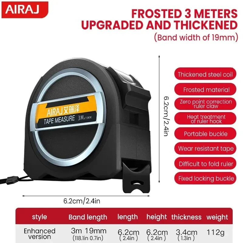 AIRAJ 3/5/7.5m miarka ze stali wysokowęglowej zagęszczona matowa powłoka zapobiegająca upadkowi precyzyjne przenośne ręczne narzędzia pomiarowe