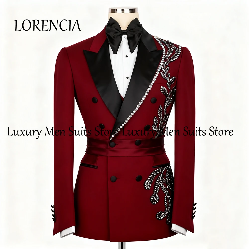 

Fashion Rhinestone Men Suits 3 Pieces Double Breasted Evening Party Outfit Groom Tuxedo Set Customized Blazer Pants ropa hombre