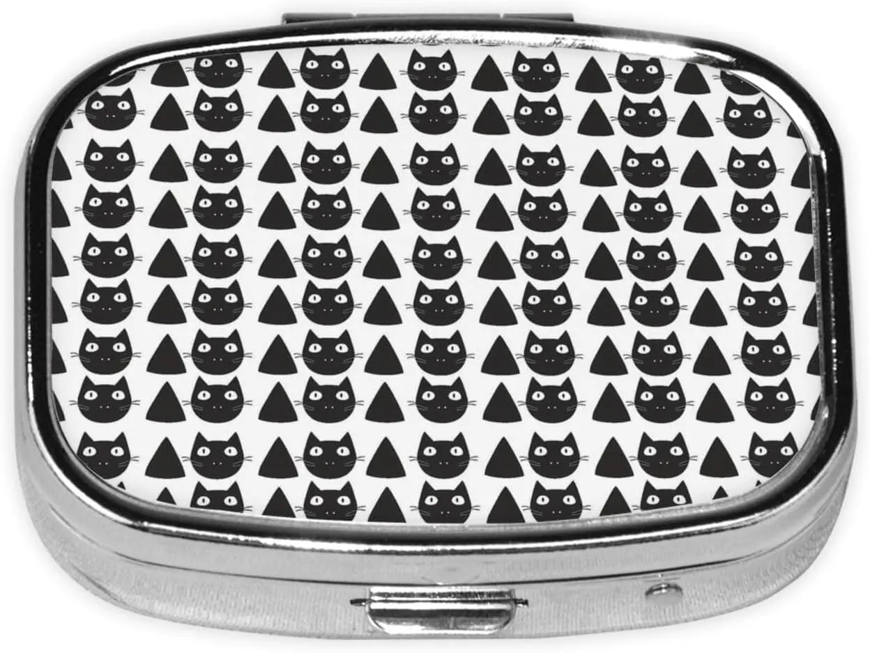 Black cat pattern pill box, metal square travel pill box, portable mini pill box, double compartment design, can hold vitamins, cod liver oil, health supplements, etc.