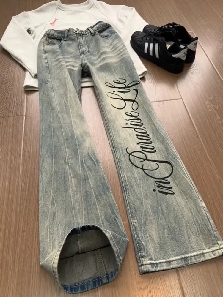 

Men's Denim Jeans Printed Lightning Pattern American Style Hip Hop Streetwear Small Audience Design Sense Micro Flared Pants