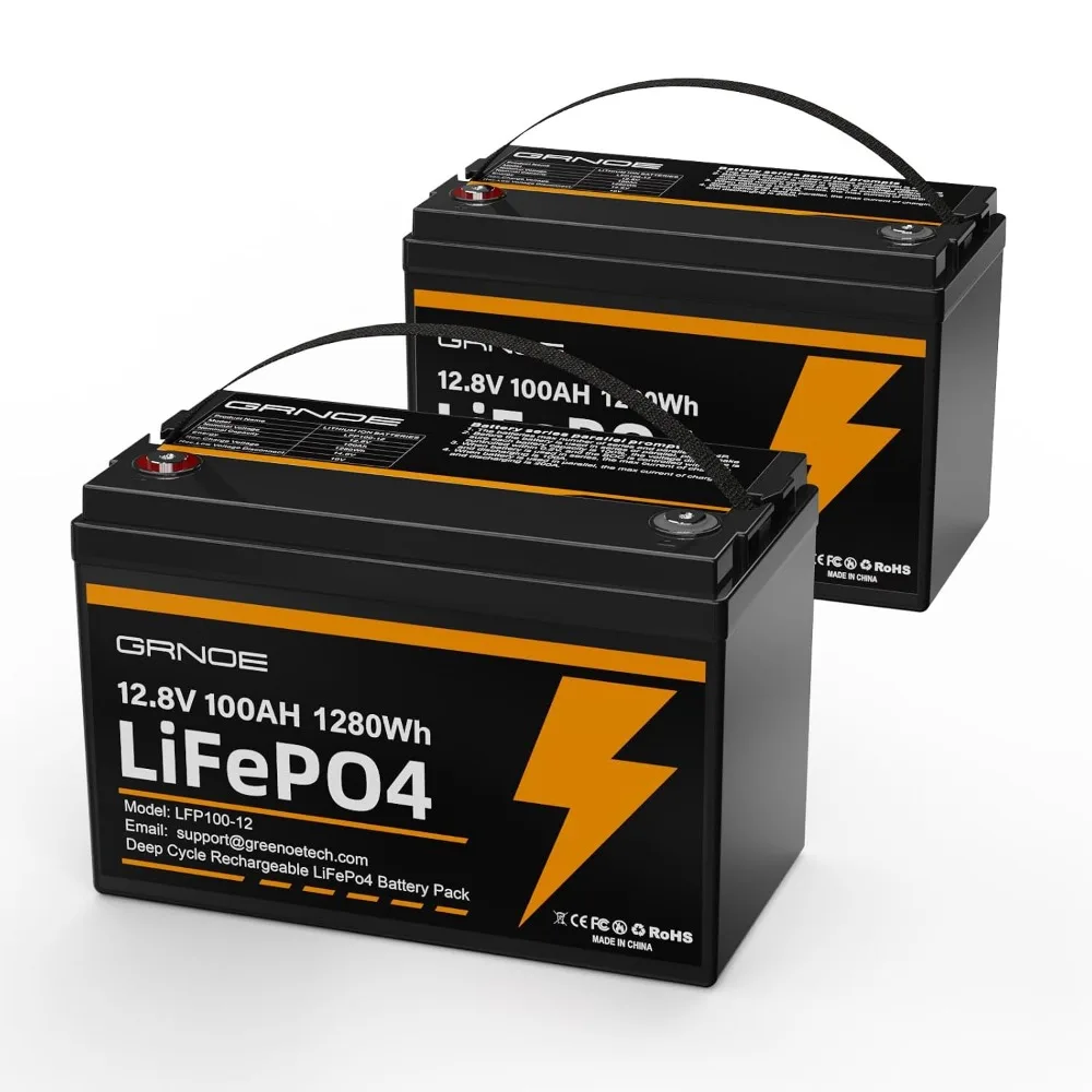 12V 100Ah LiFePO4 Battery 2-Pack With 100A BMS & Low-Temp Cutoff 15000 Cycles for RV Marine Solar Van Trailer, Custom