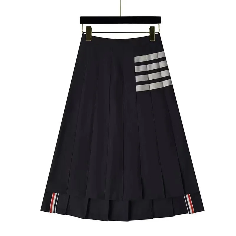 Brand TB Skirt Summer Preppy Style Classic Striped Long Pleated Skirts Women Korean Fashion White Four Bars Mid Length faldas