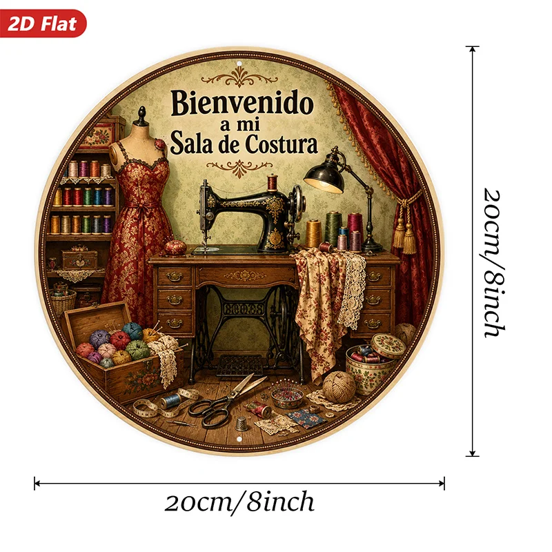2D Flat, 1pc Round Metal Sign Wall Art, Vintage Sewing Machine Home Decor, with 