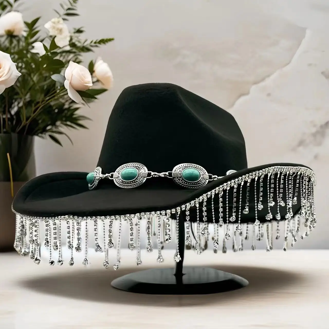 HongLuan Black Bohemia Costume Hat, Disco Cowboy Hats Rhinestone for Woman, Cowboy Cosplay Female Accessories & Cowgirl Cap