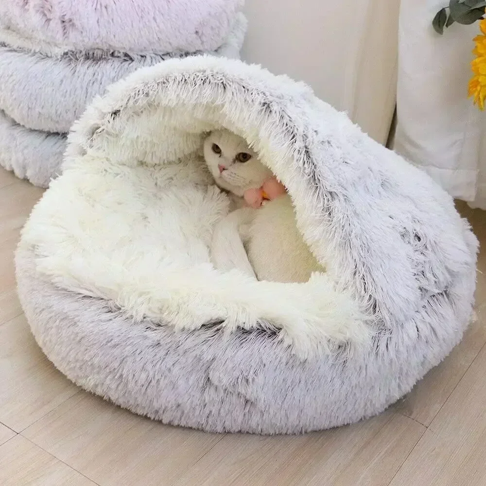 Long Soft Plush Round Cat Bed Comfortable Warm For Small Dogs Winter Sleep Bag Cats Nest Round Semi Enclosed Plush Pet Cat Bed