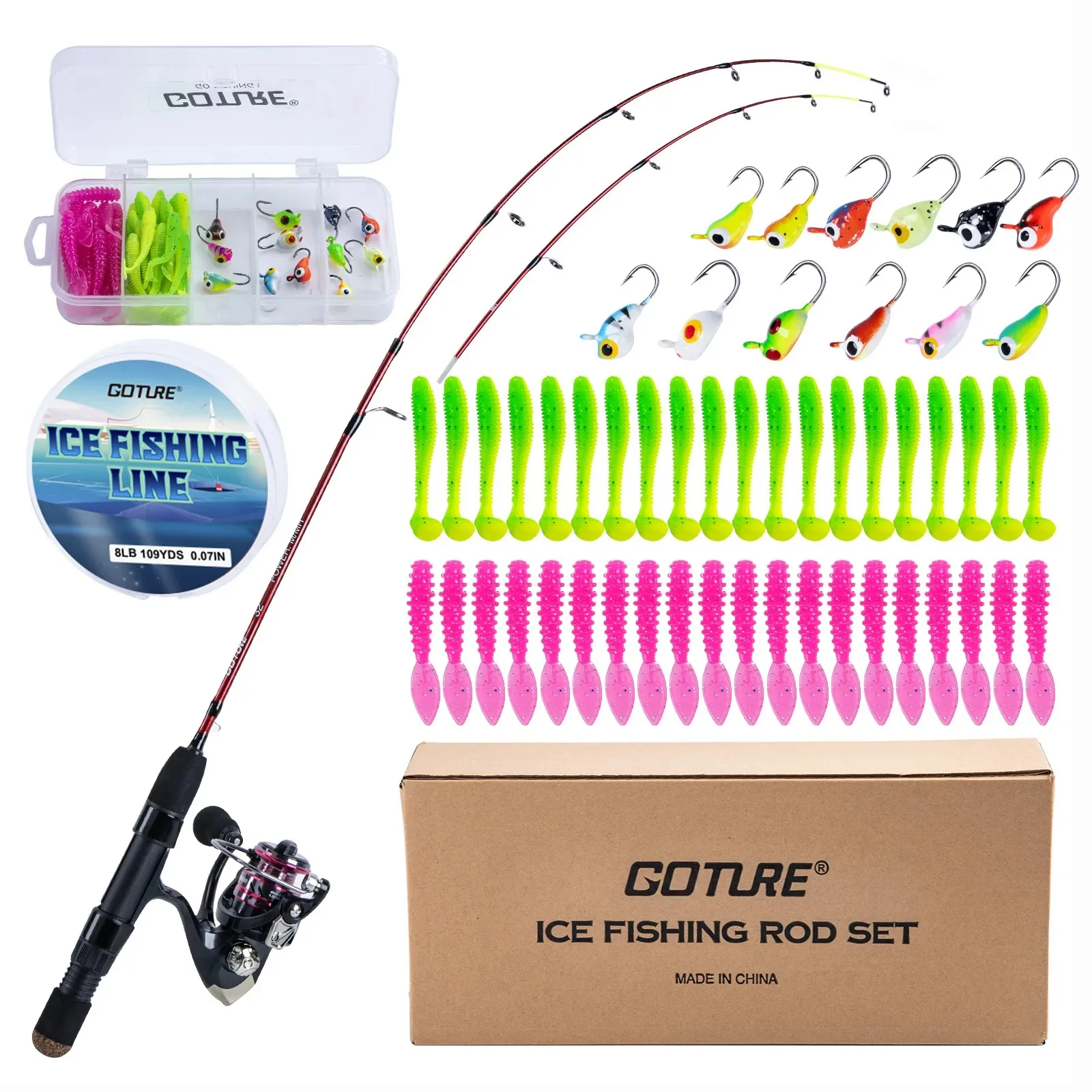 Goture Ice Fishing Rod Set 31”2 Tips M Carbon + MH Fiberglass Ultralight Pole with Trolling Reel Fishing Lure Line Combo Tackle