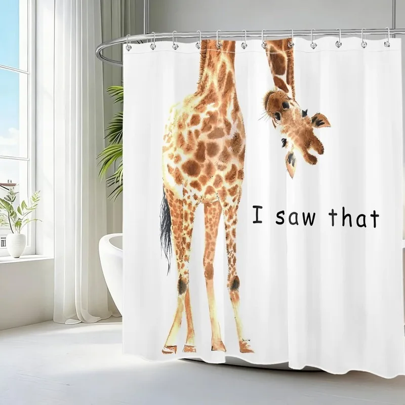 Funny Giraffe Shower Curtain No Drilling Inverted Probe Long Neck Design English Fresh Bathroom Curtain Set with 12