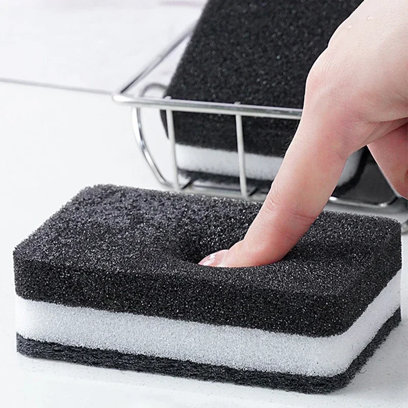 Kitchen Magic Scrub Cleaning Sponges Double-Sided Highly Absorbent Pot Rust Stain Dishwashing Sponge Black White Scouring Pads