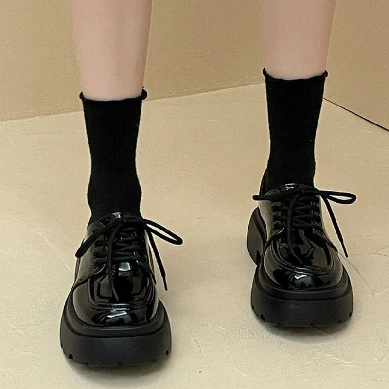 Women\'s Shoes Platform Flats Autumn Black Loafers Fashion Comfortable Leather Shoes Lace-up Outdoor Casual Oxfords Zapatos Mujer