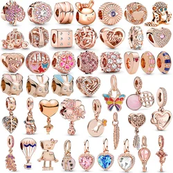 Breloques creuses en alliage plaqué or rose pour bracelet Pandora bricolage, pendentif de luxe, cuir chevelu de lapin, perles de charme, collier, accessoires de bijoux, cadeaux