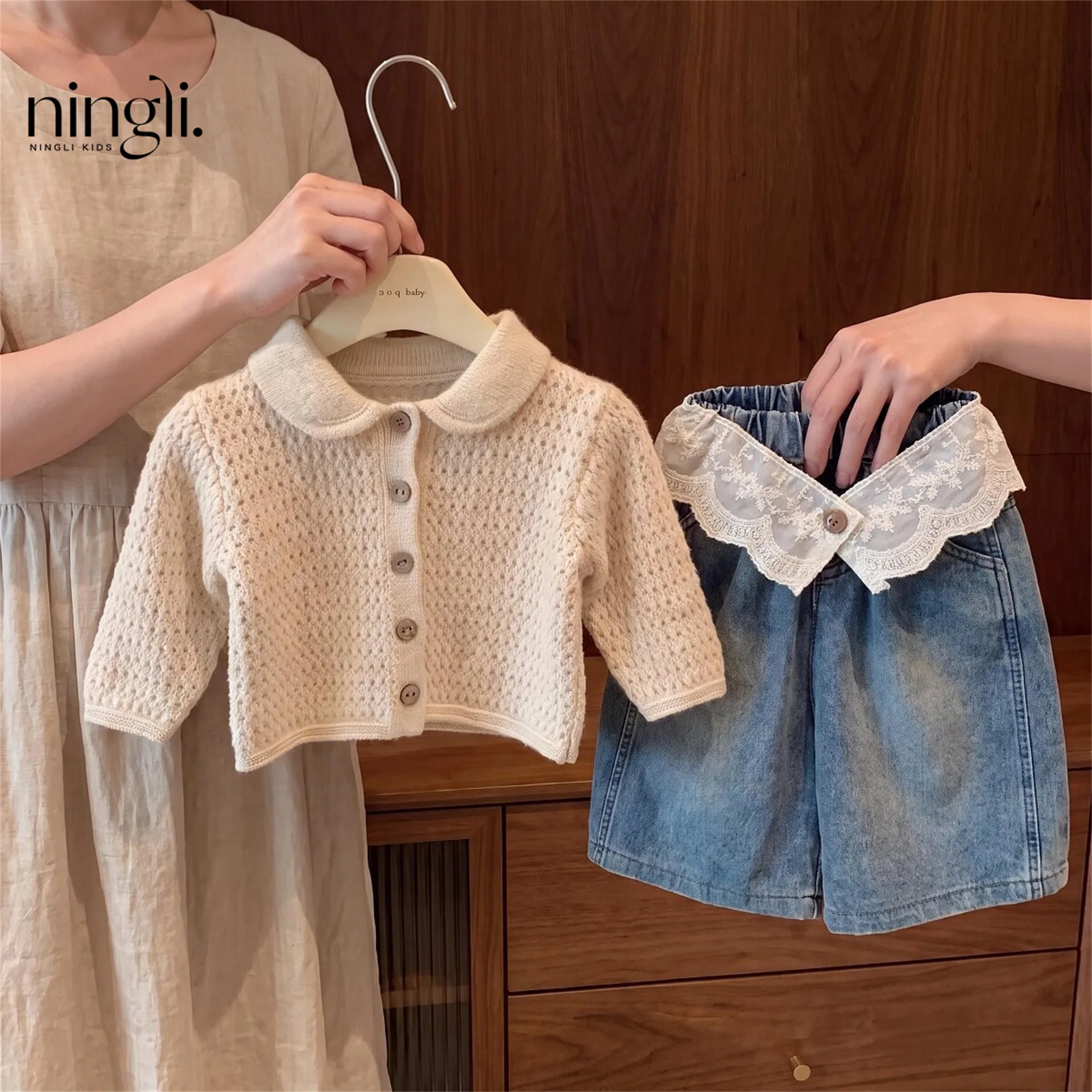 Girls Princess Outfit Spring Autumn Cut-out Doll-Neck Sweater And Lace Wide-Leg Jeans Set Children's Clothing Ensemble