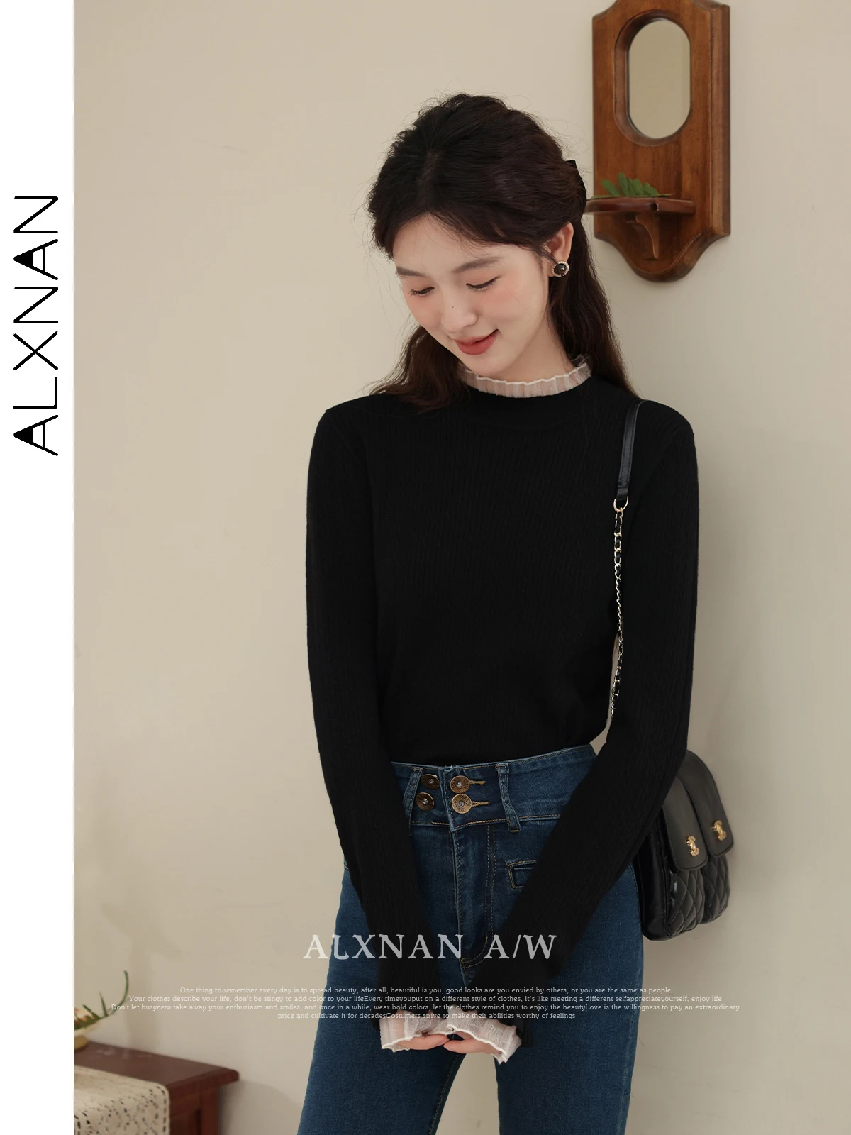 

ALXNAN женский свитер элегантный сетчатый дизайн с рюшами вязаные пуловеры осенние топы с длинными рукавами облегающие трикотажные изделия VLXN31819