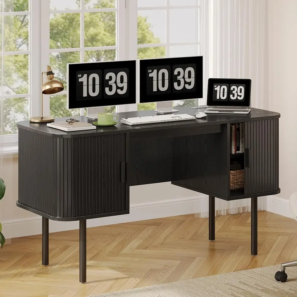 

Современный компьютерный стол 55 дюймов с зарядной станцией, просторный офисный стол руководителя с двумя шкафами для хранения, большой офисный стол с металлическими ножками