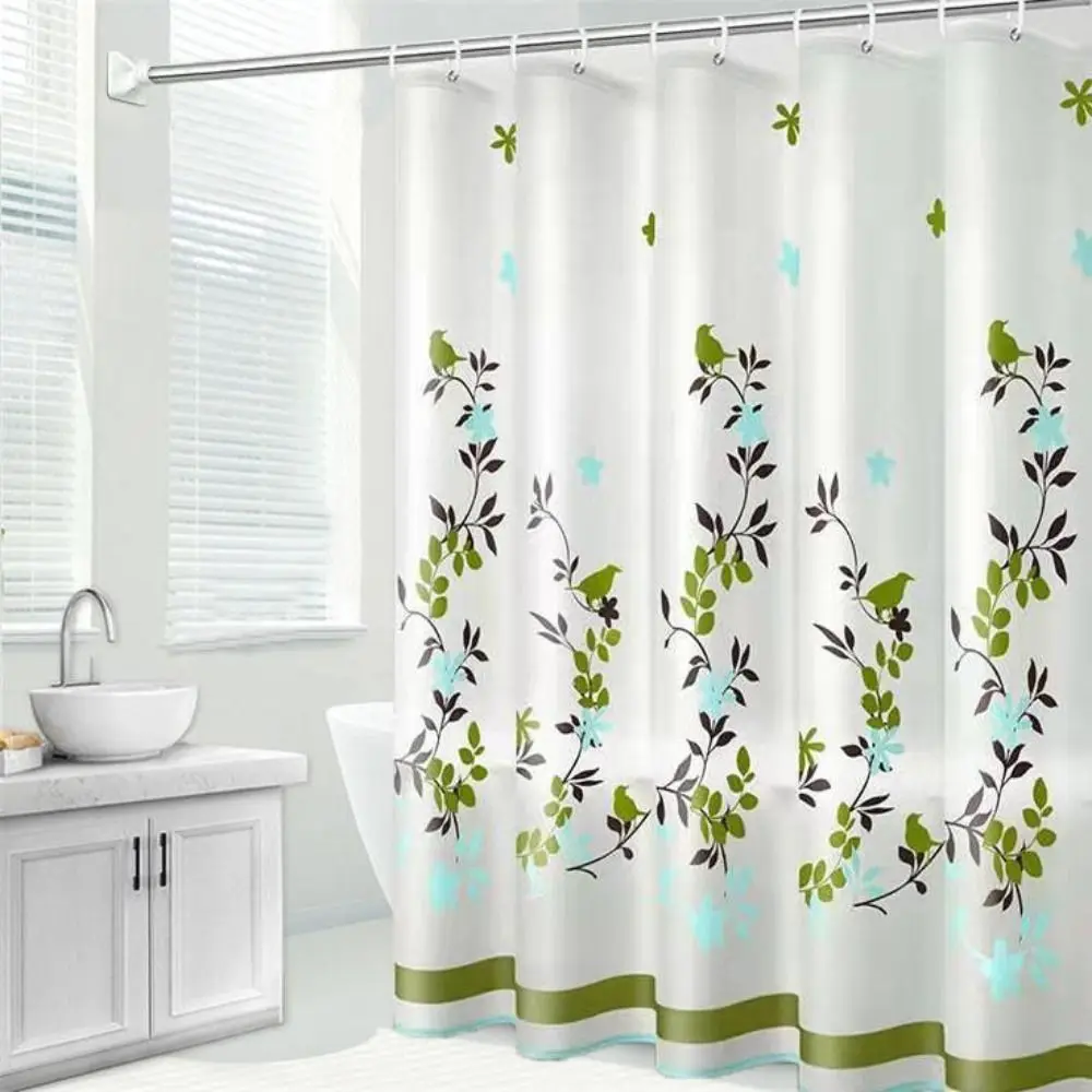 Watercolor Leaves on The Top Plant with Floral Bathroom Decoration Shower Curtain 150*180CM with Hooks