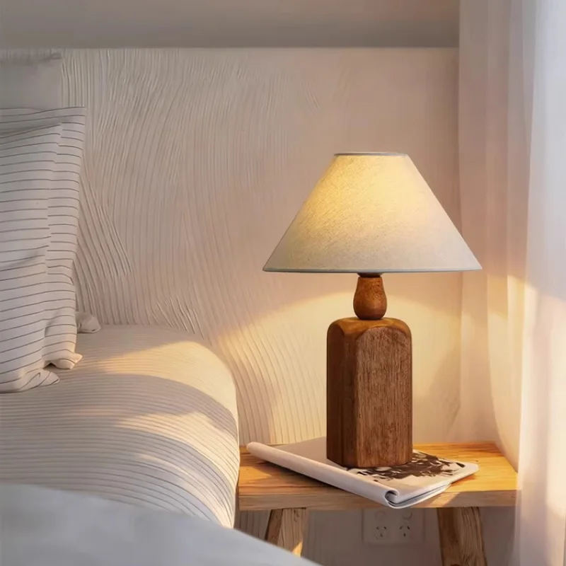 Mid Century Solid Wood Bedside Table Lamp, Wabi Sabi Square Column Creative Decor, Vintage Standing Ornament for Bedroom