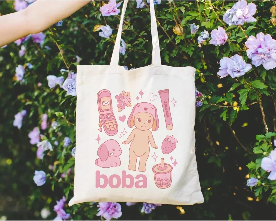 Smiski حمل حقيبة سوني الملاك حقيبة كتب Homebody Smiski القطن قماش حمل الأخضر غي حقيبة بقالة هدية الكرتون قماش حقائب كتف