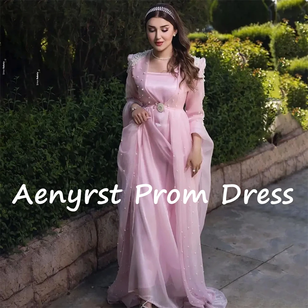 Aenyrst Pink Long Sleeves Pearls Saudi Arabia Evening Dresses Chiffon A Line Prom Dress Floor Length Dinner Party Gown For Women