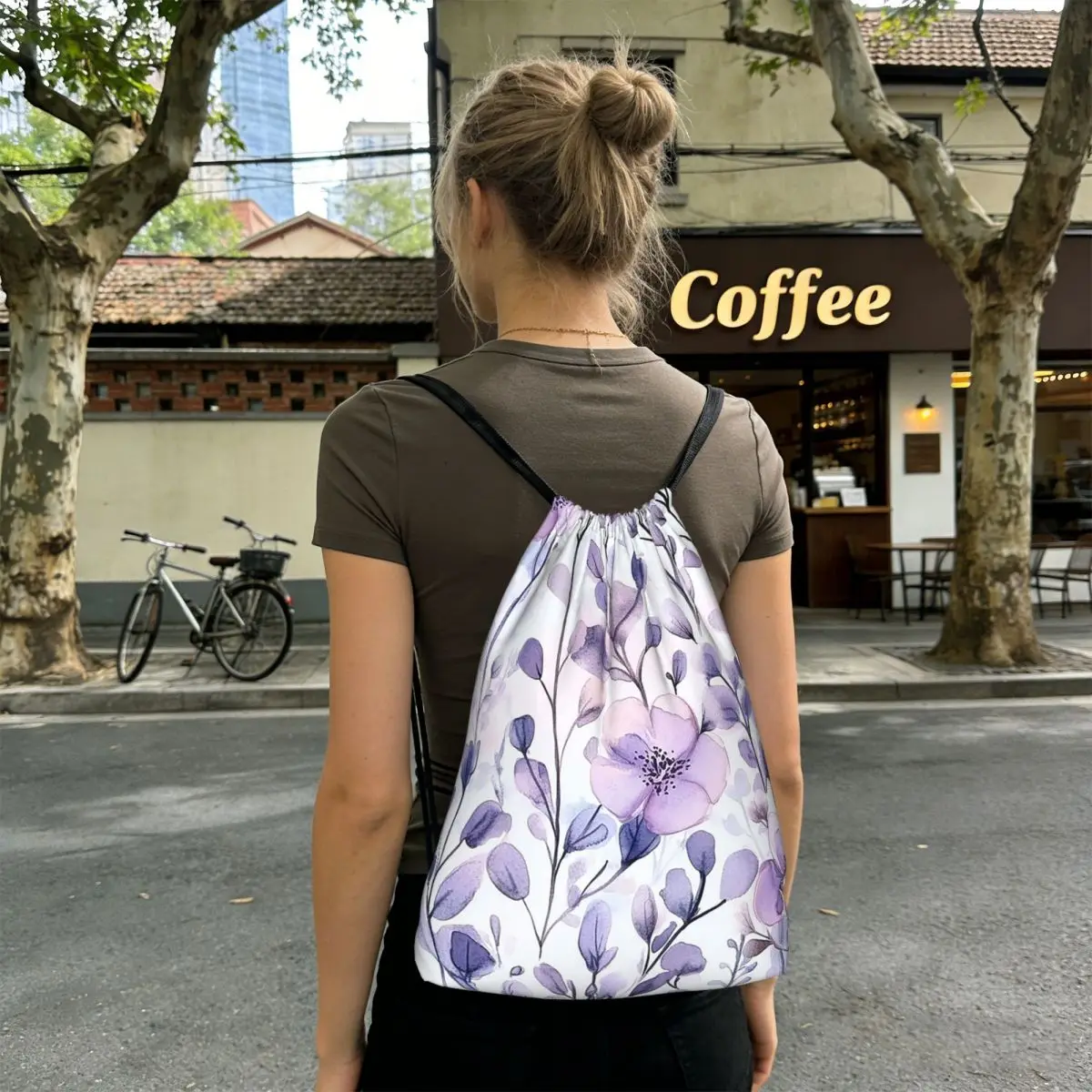 Light Purple Floral Pattern Backpacks Fashion Drawstring Bundle Pocket Sports Bag Book Bags for Man Woman Students