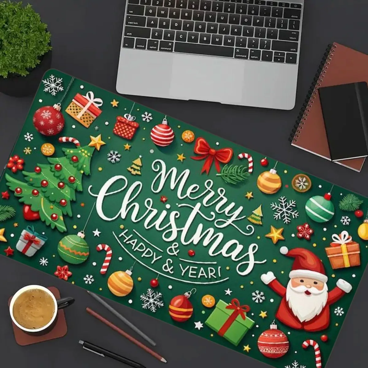 

Christmas-themed mouse pad desktop pad with anti-slip rubber base featuring Santa Claus/Snowman/gingerbread ICONS,green and gold