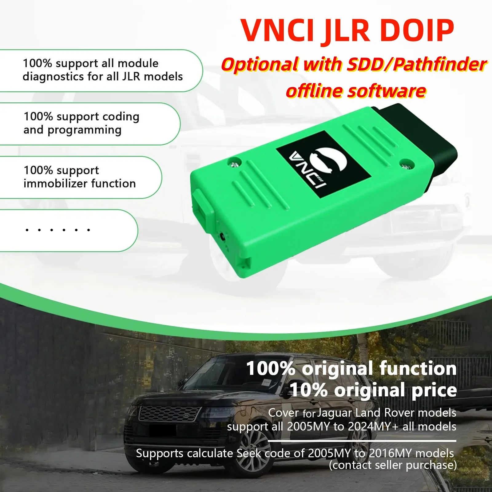 

Диагностический инструмент VNCI JLR DoIP для кодирования и программирования, поддерживает CANFD и DoIP, совместим с программным обеспечением SDD/Pathfinder, OBD2.